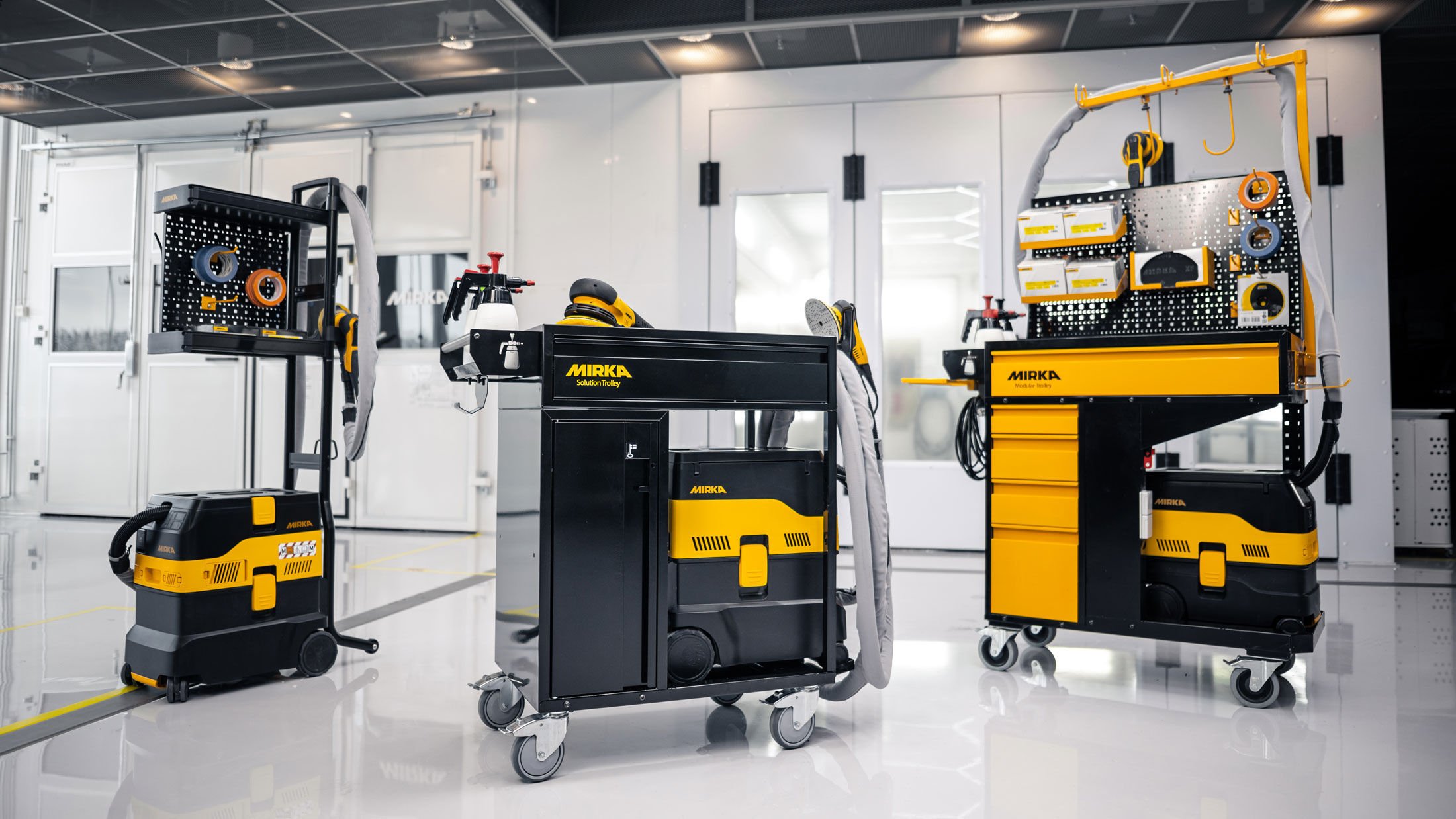 DEXOS Workstation, Solution Trolley and Mirka Modular Trolley in a workshop