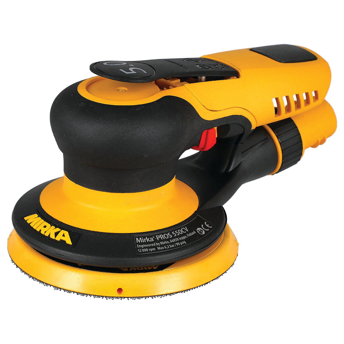 Mirka MRP-550CV PROS Sander 5 Inch with 5mm Orbit connected for central vacuum sanding in a professional surface prep and finishing workflow