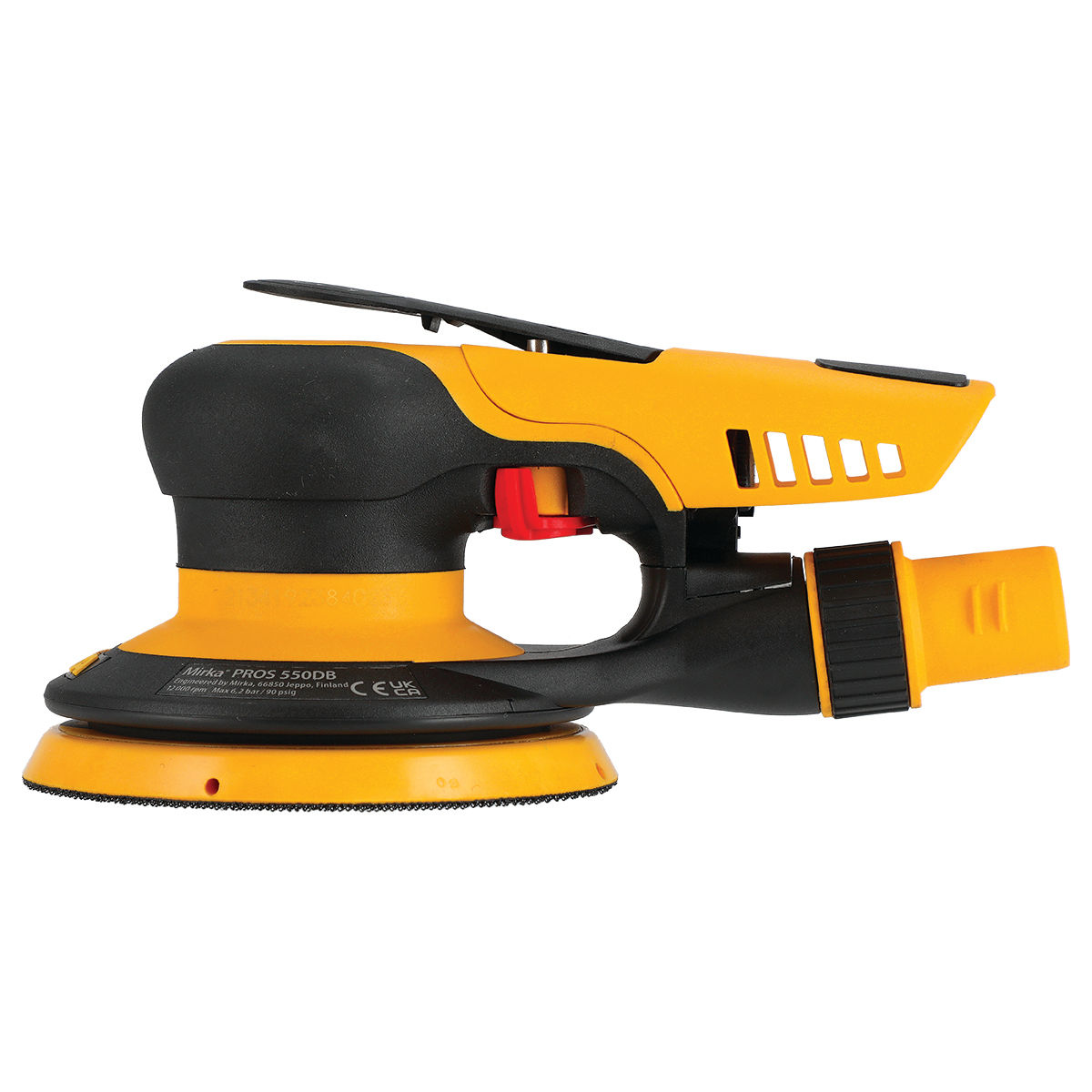 Mirka 5 inch SGV Sander 8mm Orbit side detail showing ergonomic grip and low profile body for extended sanding in workshop use