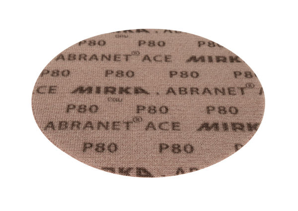 Mirka Abranet Ace 9 inch Grip P80 sanding disc close-up showing printed backing and coarse abrasive for prep work